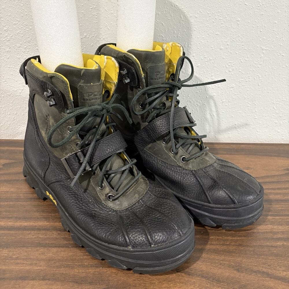Polo Ralph Lauren Huntswood Boots Mens 13 Black Green Leather Hiking Work Buckle